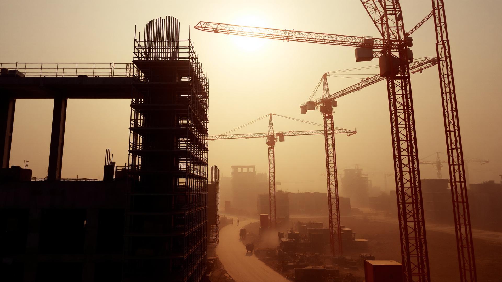 Construction site at dusk in Nidamanoor